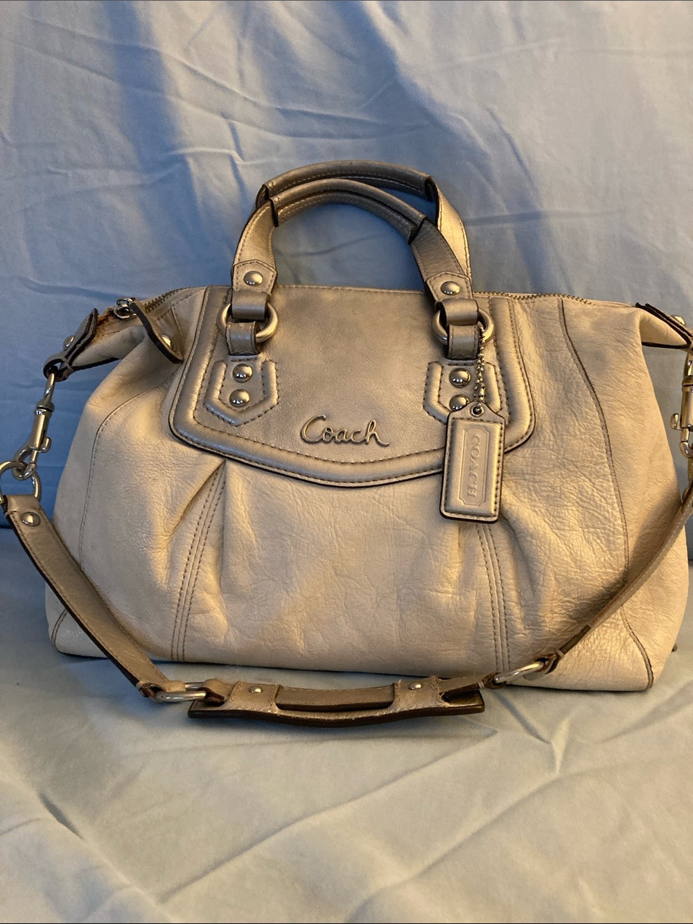 Coach Cream and Silver Leather Shoulder Bag